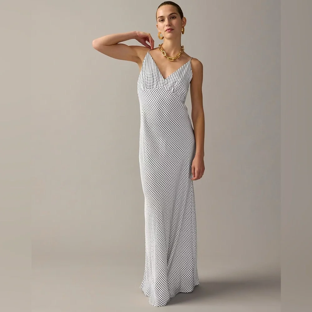 J.Crew Collection full-length luster crepe V-neck slip dress dot print BU220